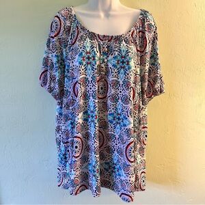 Floral Print Women's Blouse in Blue and Red 3XL